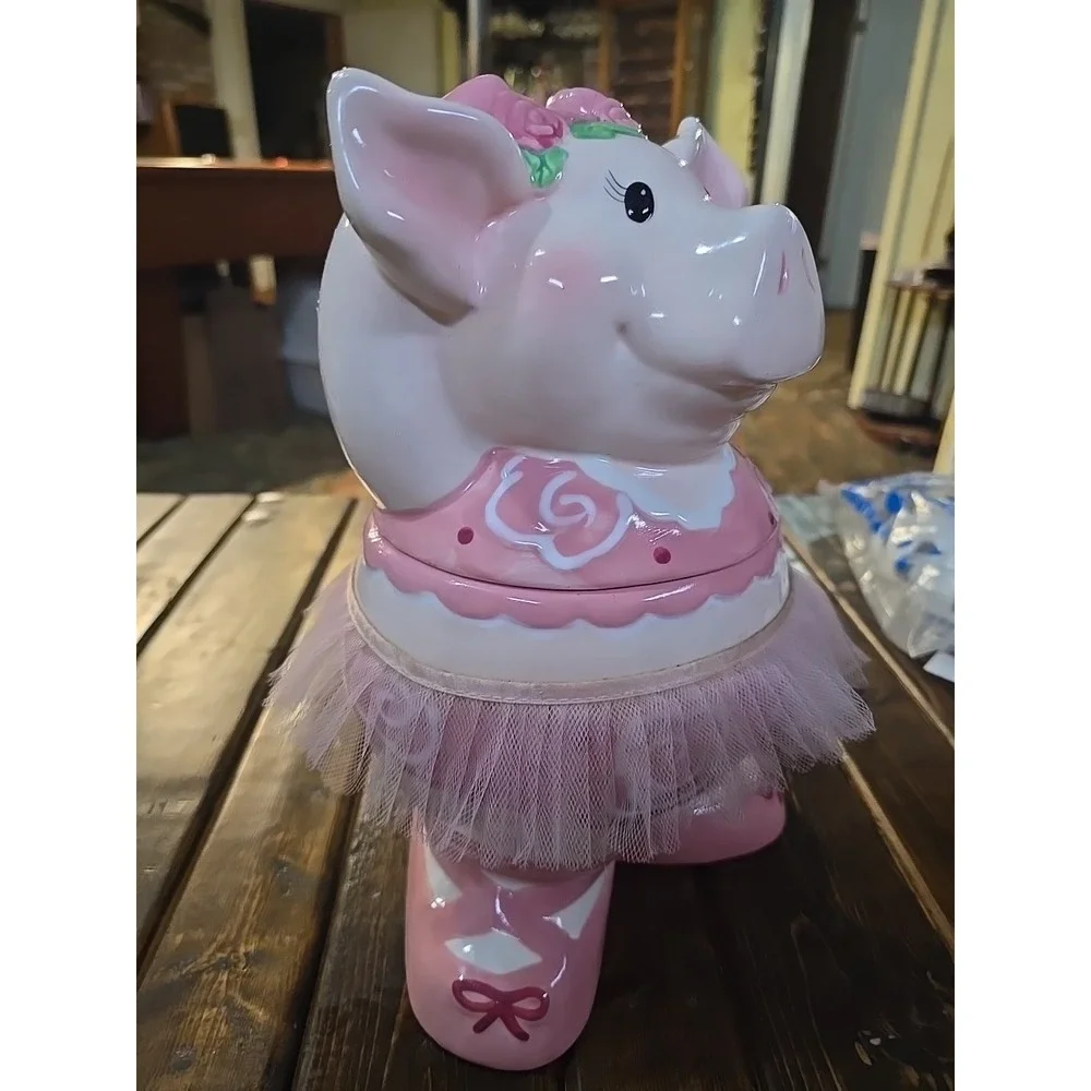 Vintage Ballerina Dancing Pink Pig‎ with Tutu Ceramic Cookie Jar  11 